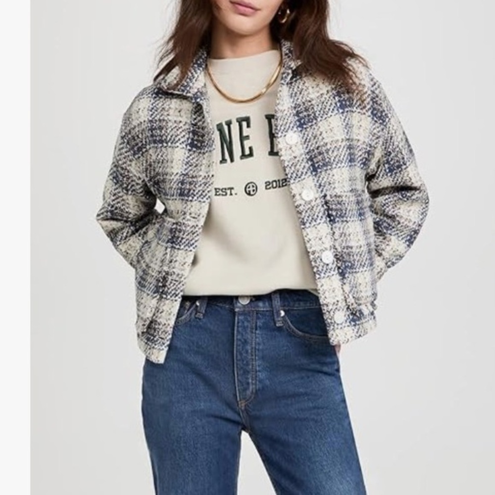 BLANK NYC WOMEN’S PLAID TWEED  SHIRT JACKET BLUE CREAM SZ L